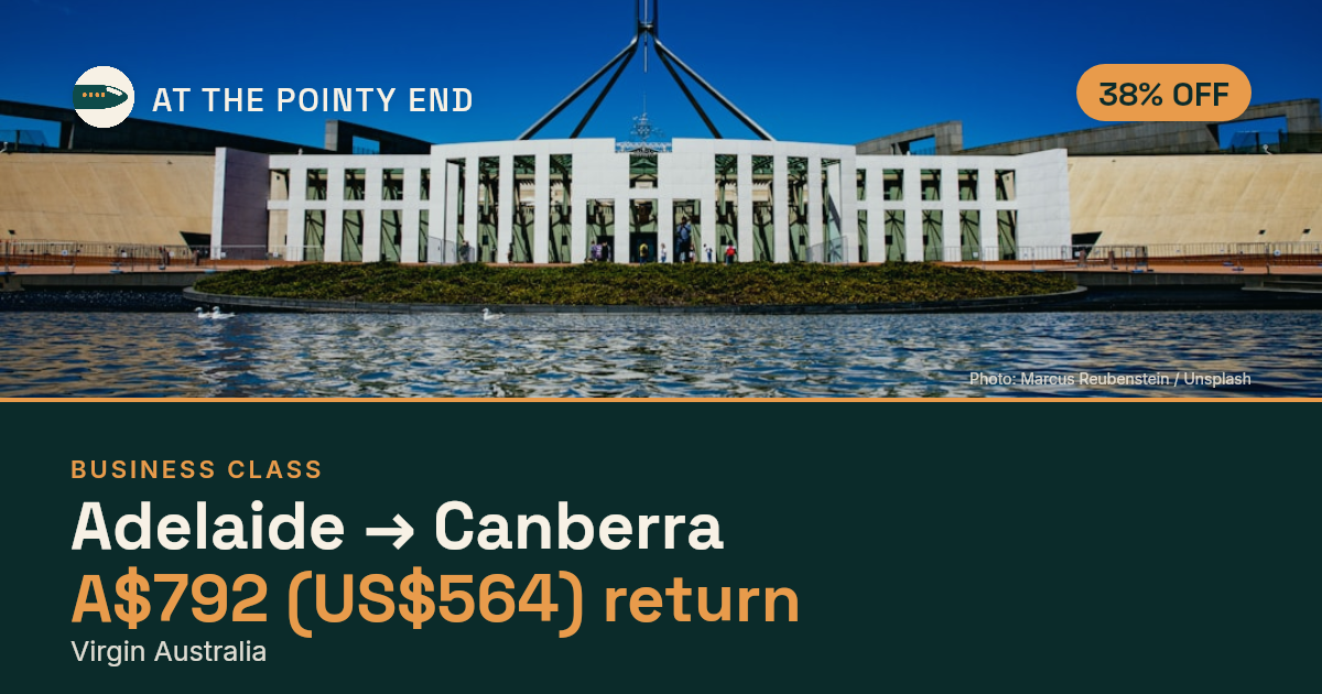 Business return to Canberra from US$564, about 38% off. Checked against live availability.