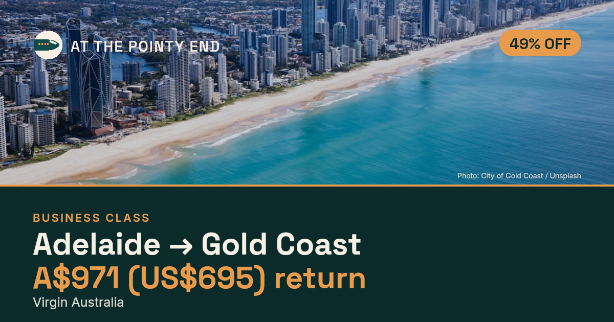 Business return to Gold Coast from US$695, about 49% off. Checked against live availability.