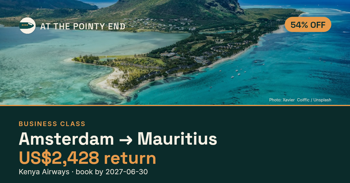 Business return to Mauritius from US$2,428, about 54% off. Book by 30 Jun.