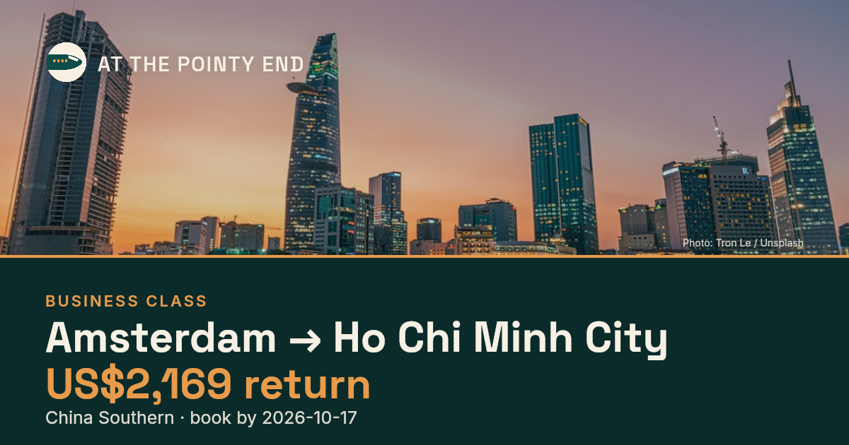 Business return to Ho Chi Minh City from US$2,169, well below typical. Book by 17 Oct.
