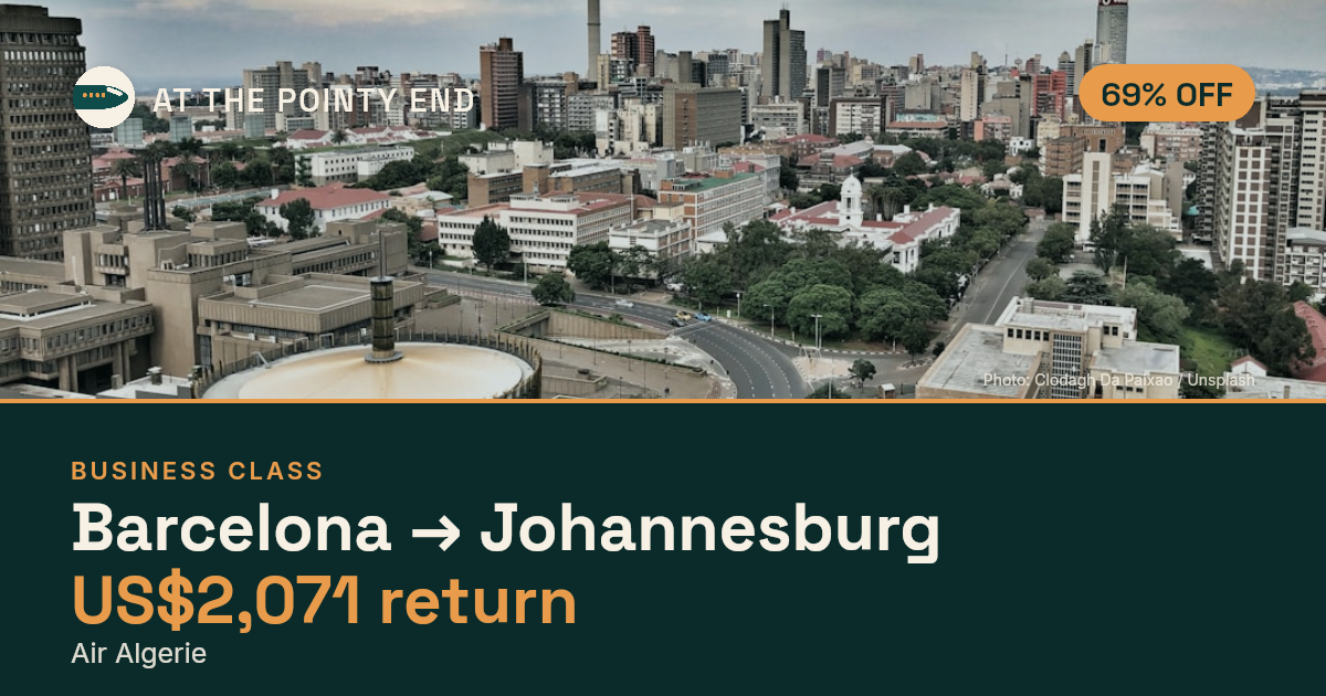Business return to Johannesburg from US$2,071, about 69% off. Checked against live availability.