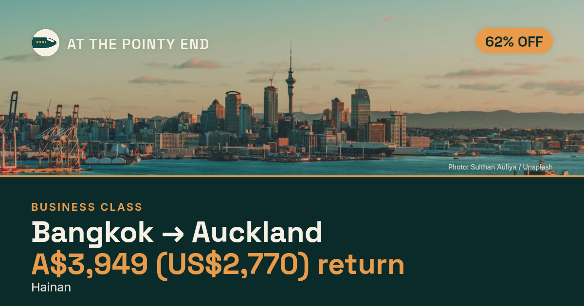 Business return to Auckland from US$2,770, about 62% off. Checked against live availability.