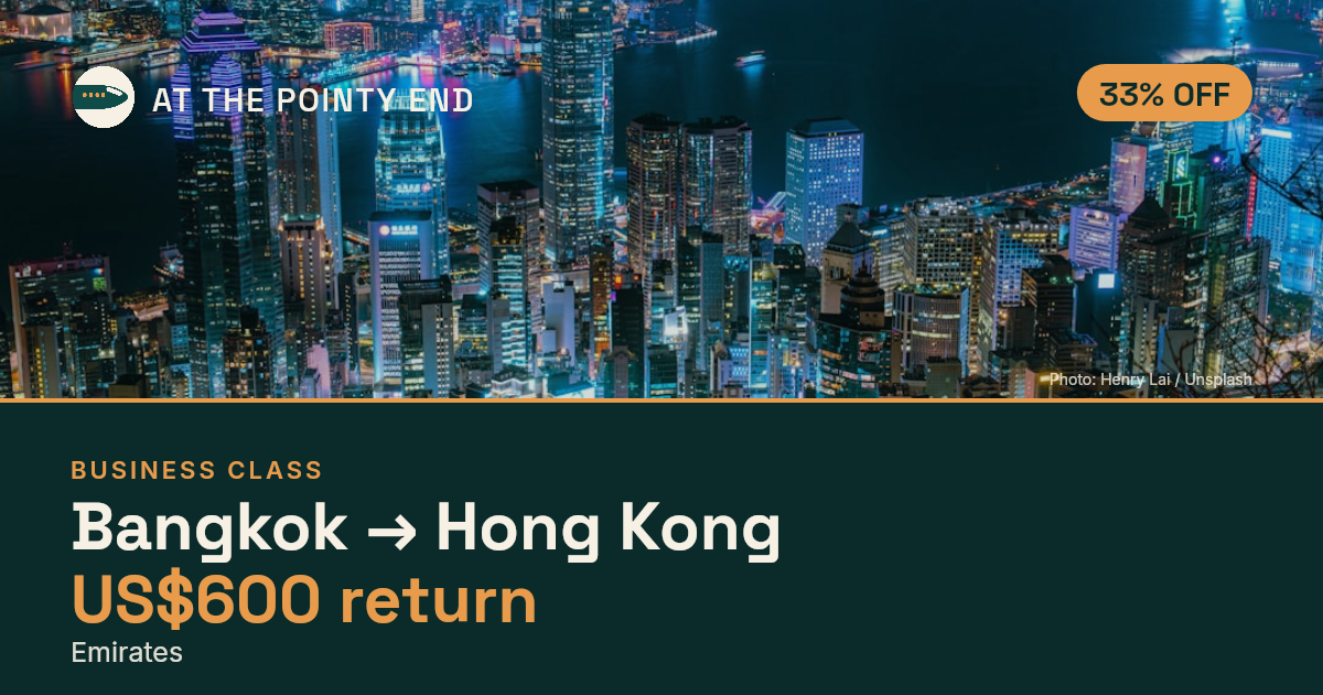 Business return to Hong Kong from US$600, about 33% off. Checked against live availability.