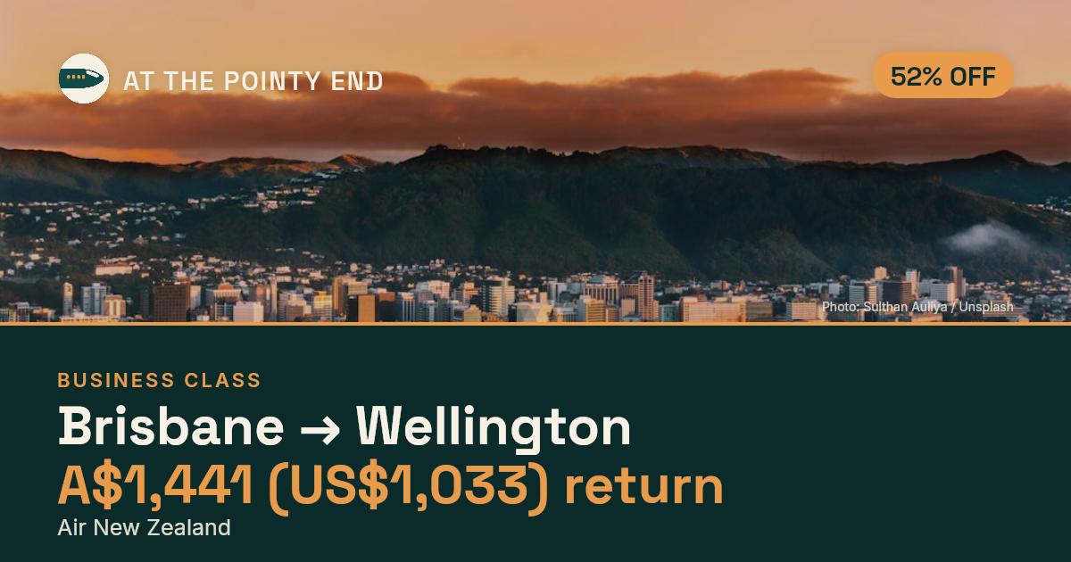 Business return to Wellington from US$1,033, about 52% off. Checked against live availability.