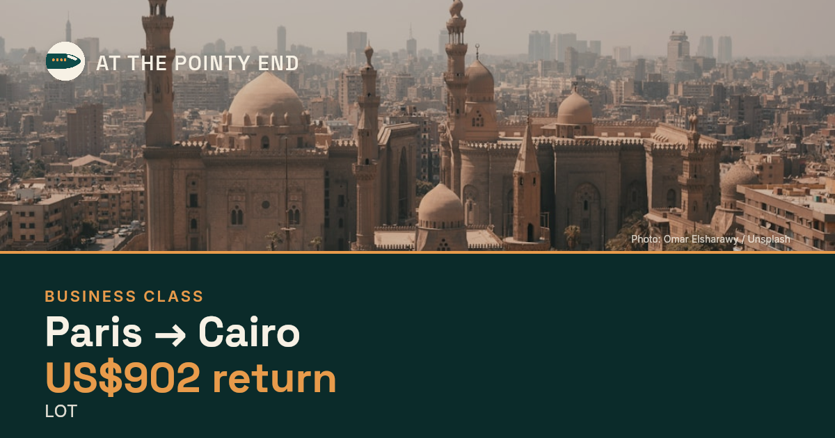 Business return to Cairo from US$902, well below typical. Checked against live availability.