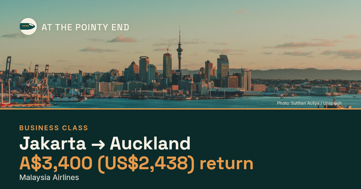 Business return to Auckland from US$2,438, well below typical. Checked against live availability.