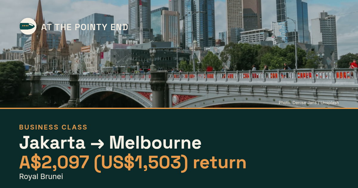 Business return to Melbourne from US$1,503, well below typical. Checked against live availability.