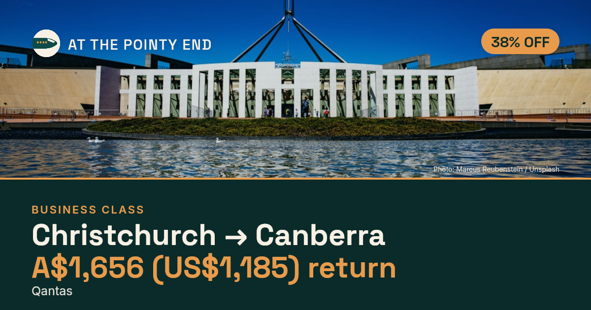 Business return to Canberra from US$1,185, about 38% off. Checked against live availability.