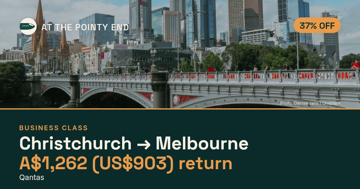Business return to Melbourne from US$903, about 37% off. Checked against live availability.