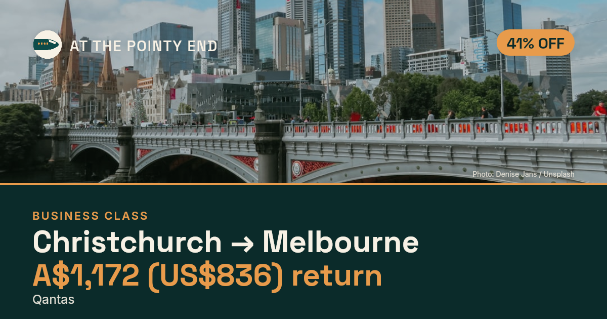 Business return to Melbourne from US$836, about 41% off. Checked against live availability.