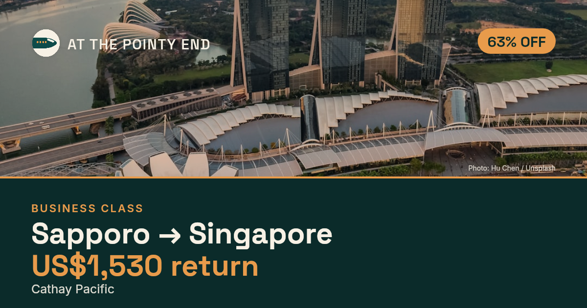 Business return to Singapore from US$1,530, about 63% off. Checked against live availability.