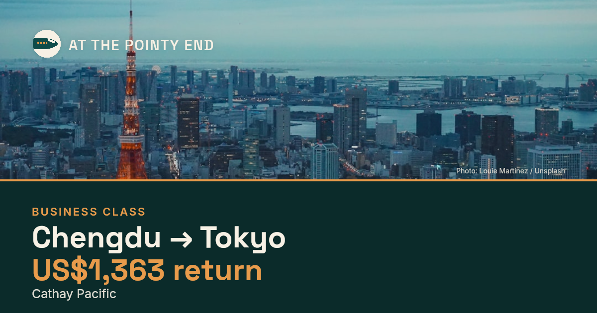 Business return to Tokyo from US$1,363, well below typical. Checked against live availability.