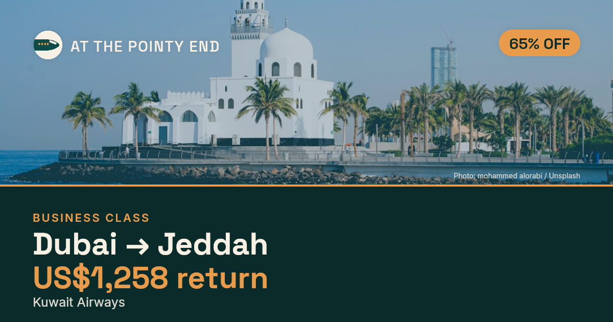 Business return to Jeddah from US$1,258, about 65% off. Checked against live availability.