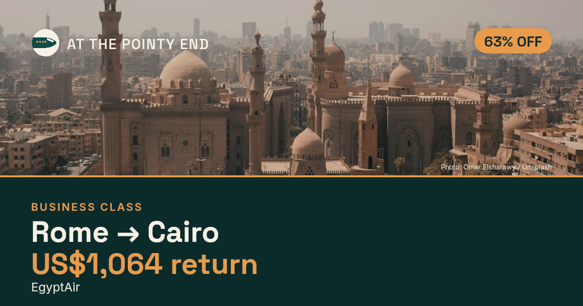 Business return to Cairo from US$1,064, about 63% off. Checked against live availability.