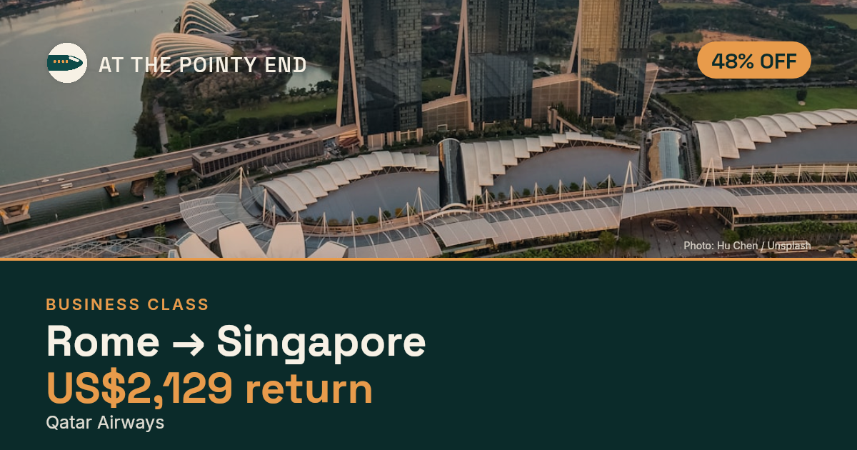 Business return to Singapore from US$2,129, about 48% off. Checked against live availability.