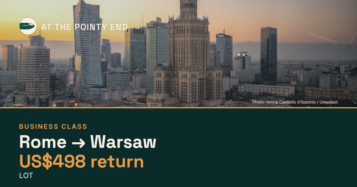 Business return to Warsaw from US$498, well below typical. Checked against live availability.