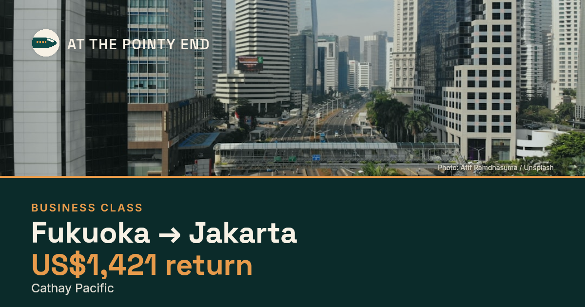 Business return to Jakarta from US$1,421, well below typical. Checked against live availability.