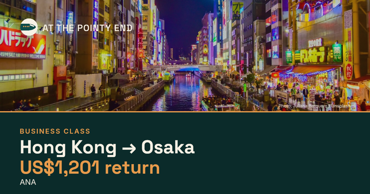 Business return to Osaka from US$1,201, well below typical. Checked against live availability.