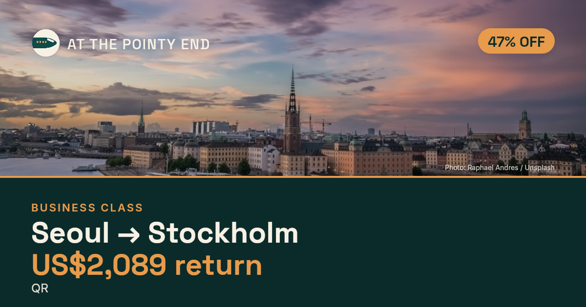 Business return to Stockholm from US$2,089, about 47% off. Checked against live availability.
