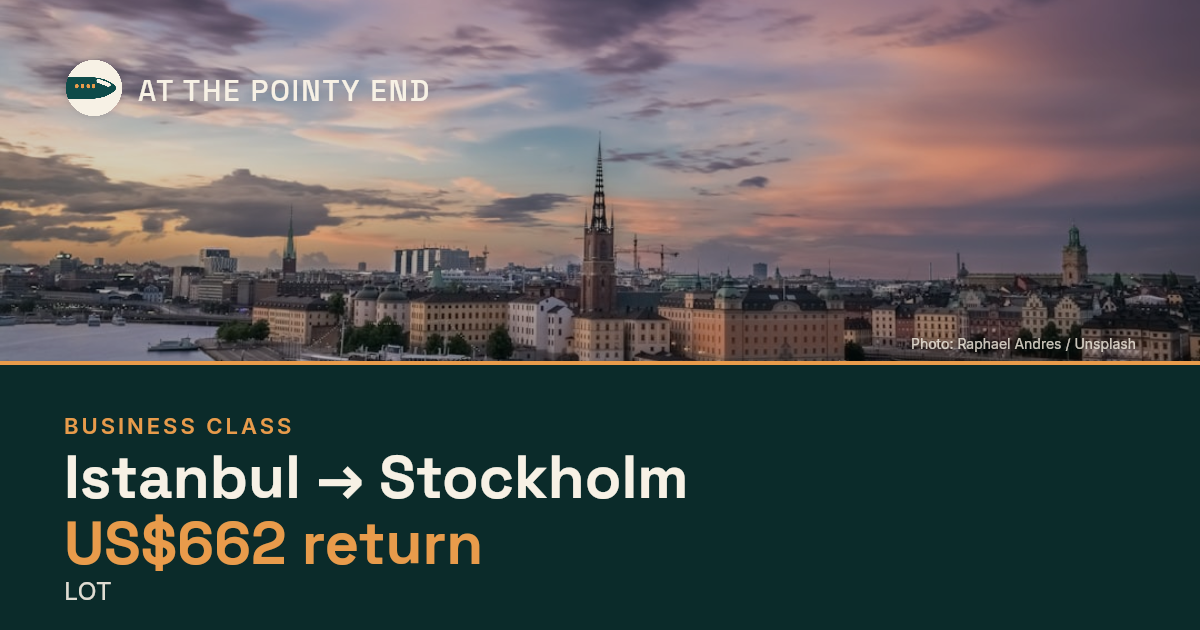 Business return to Stockholm from US$662, well below typical. Checked against live availability.