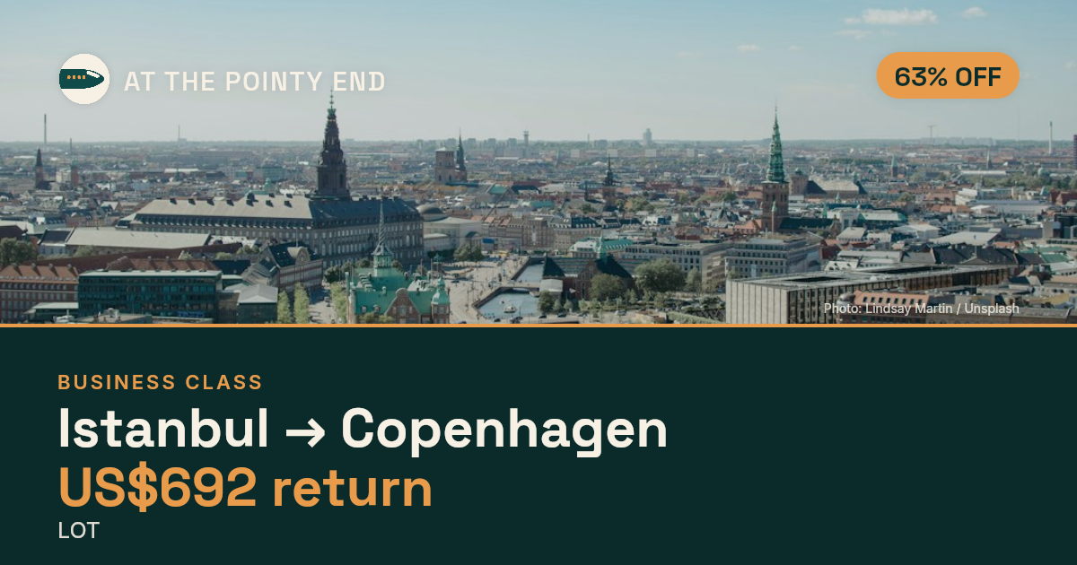 Business return to Copenhagen from US$692, about 63% off. Checked against live availability.