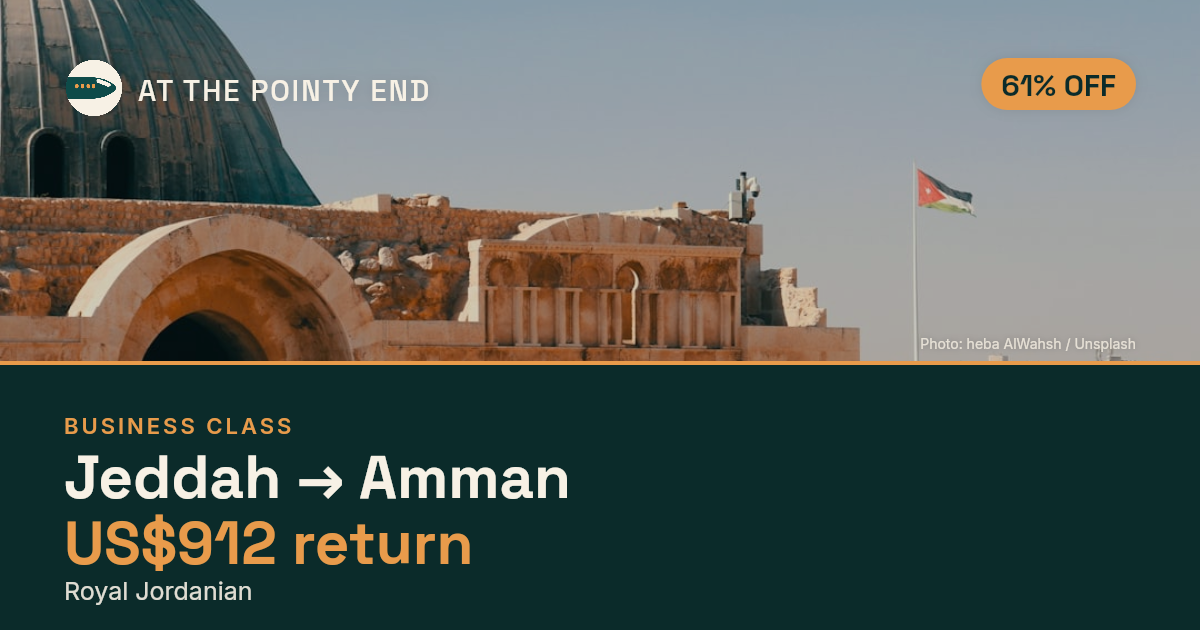 Business return to Amman from US$912, about 61% off. Checked against live availability.
