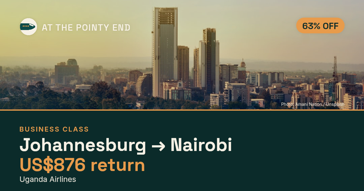 Business return to Nairobi from US$876, about 63% off. Checked against live availability.