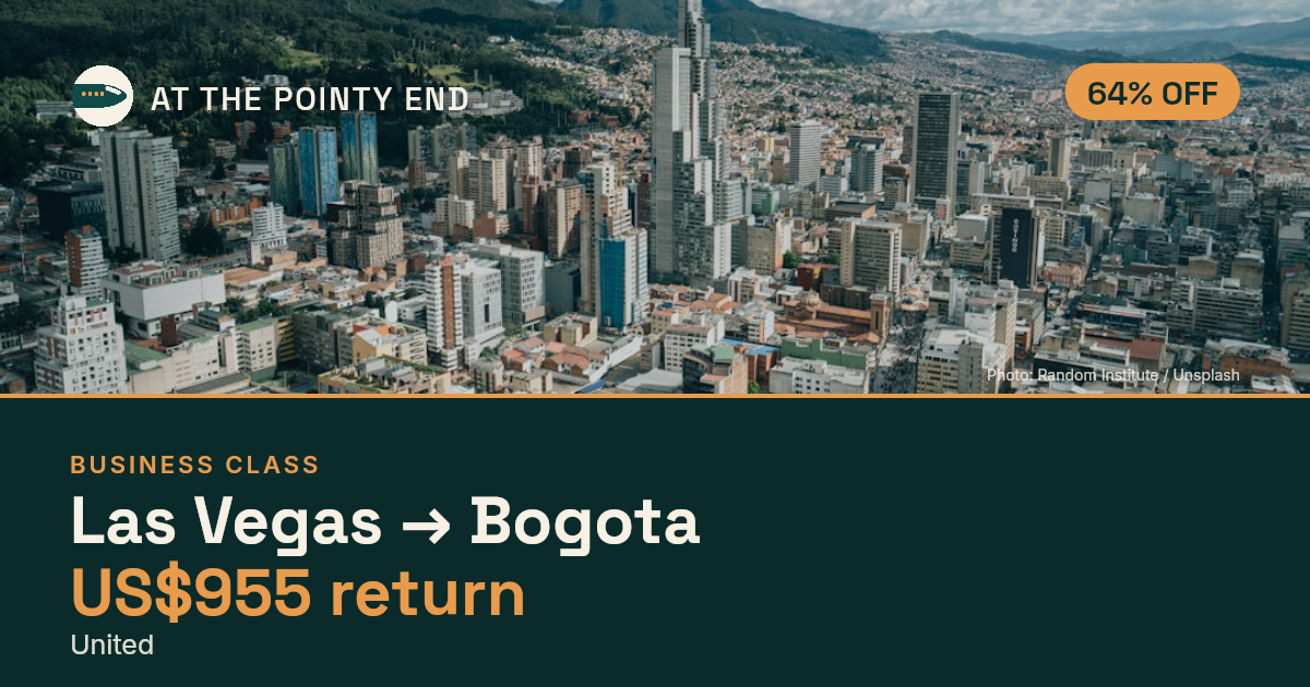 Business return to Bogota from US$955, about 64% off. Checked against live availability.