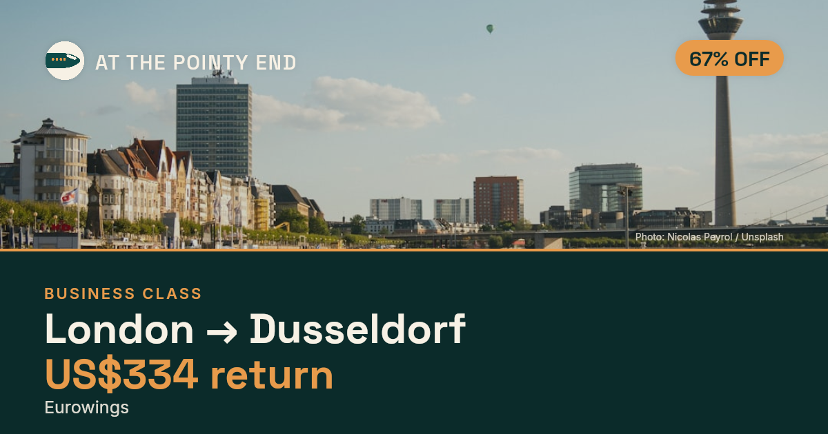 Business return to Dusseldorf from US$334, about 67% off. Checked against live availability.