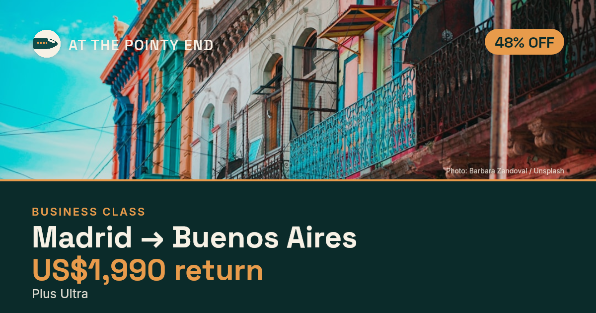 Business return to Buenos Aires from US$1,990, about 48% off. Checked against live availability.