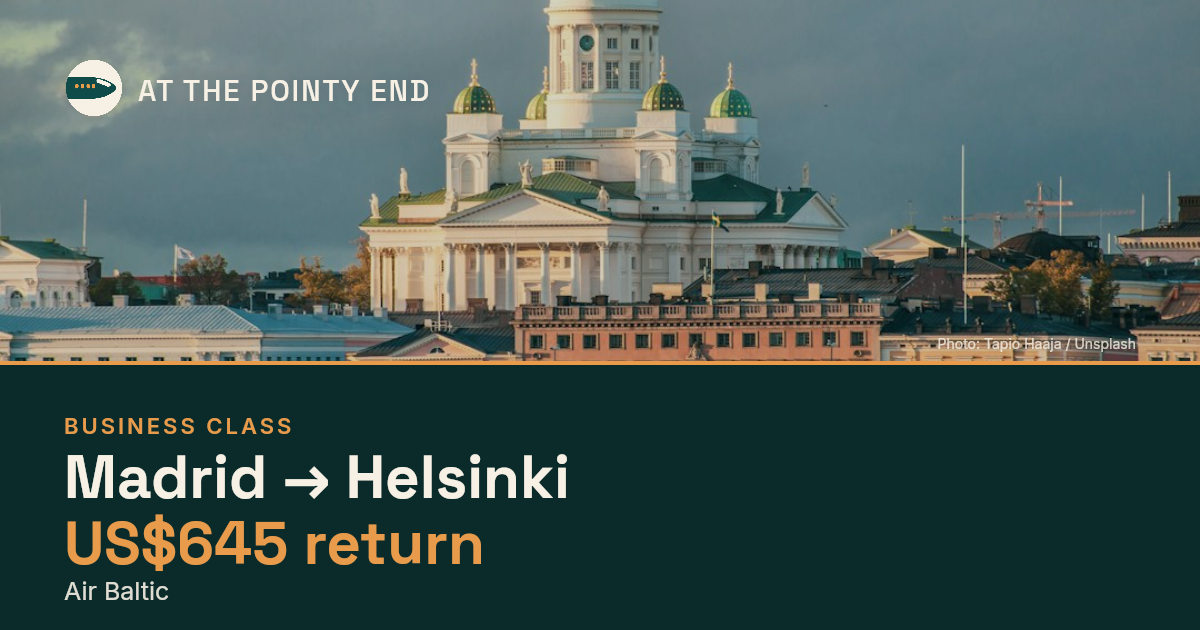 Business return to Helsinki from US$645, well below typical. Checked against live availability.