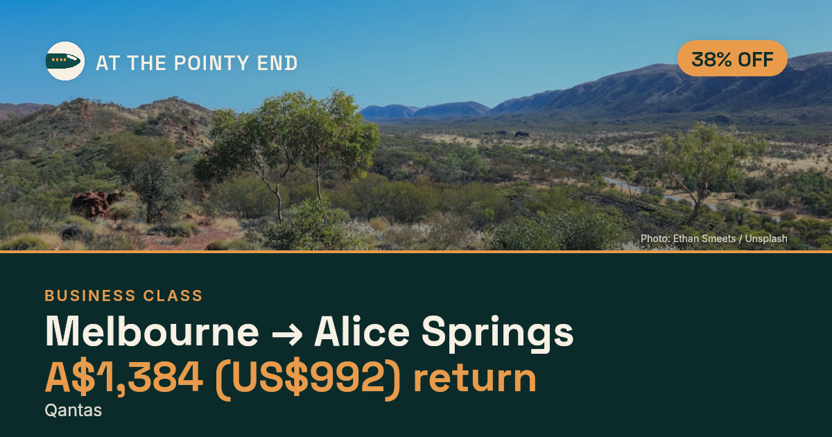 Business return to Alice Springs from US$992, about 38% off. Checked against live availability.
