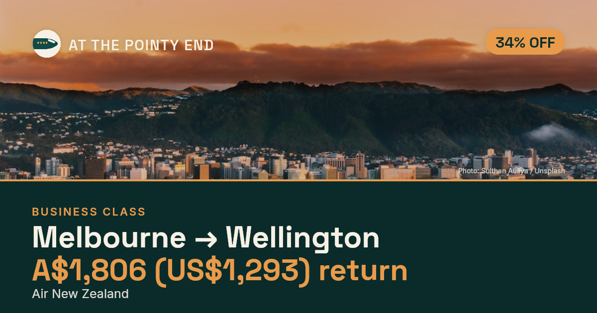 Business return to Wellington from US$1,293, about 34% off. Checked against live availability.