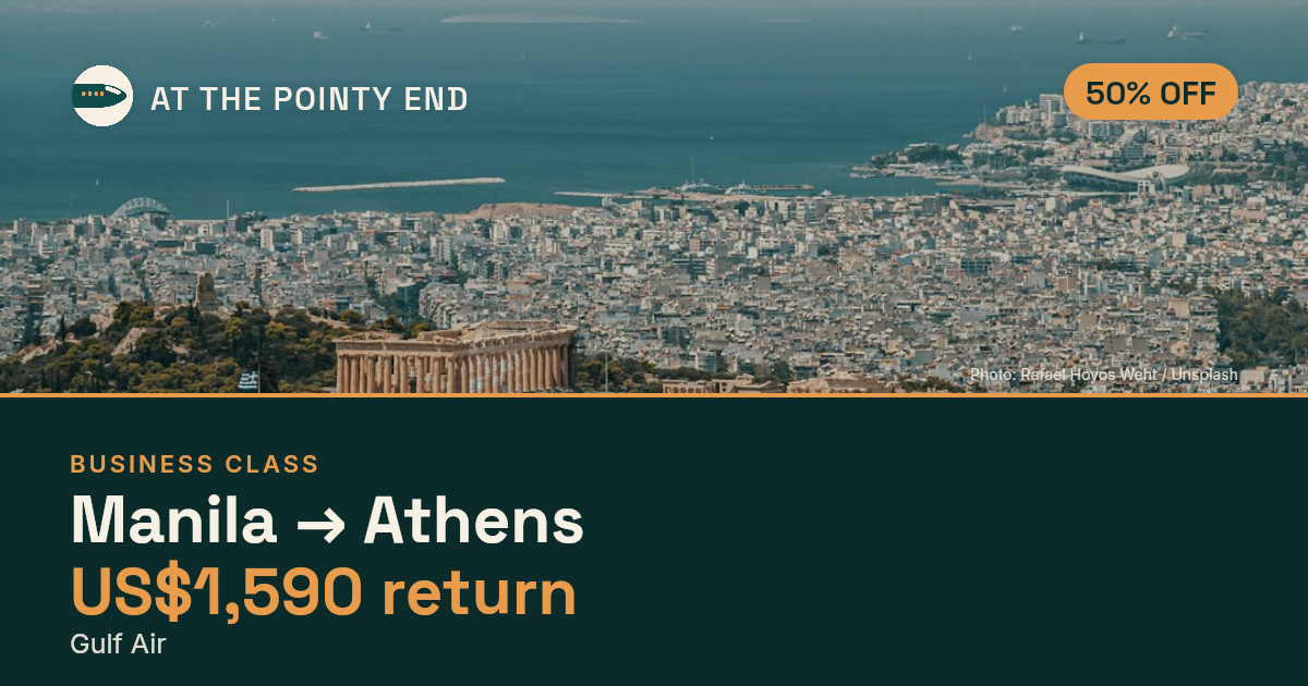 Business return to Athens from US$1,590, about 50% off. Checked against live availability.