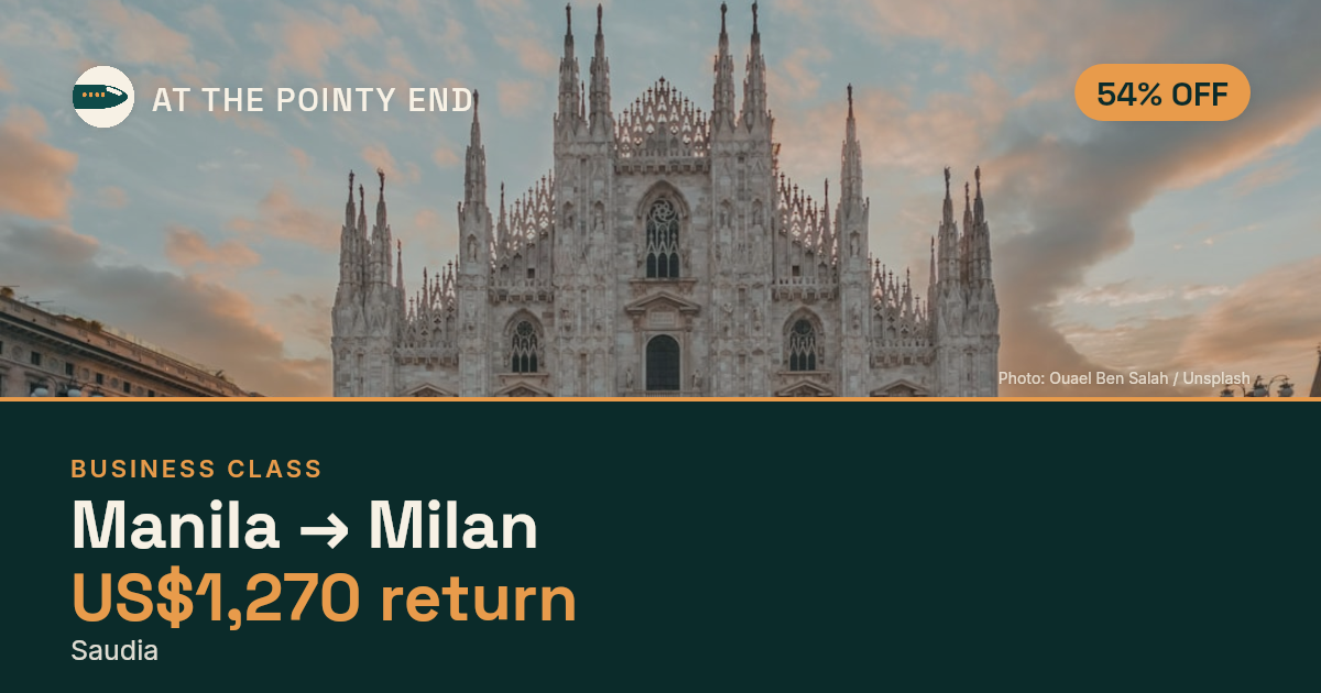 Business return to Milan from US$1,270, about 54% off. Checked against live availability.