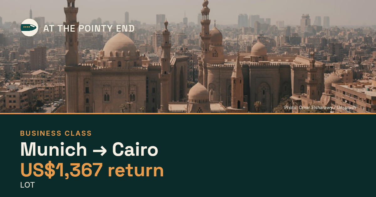Business return to Cairo from US$1,367, well below typical. Checked against live availability.