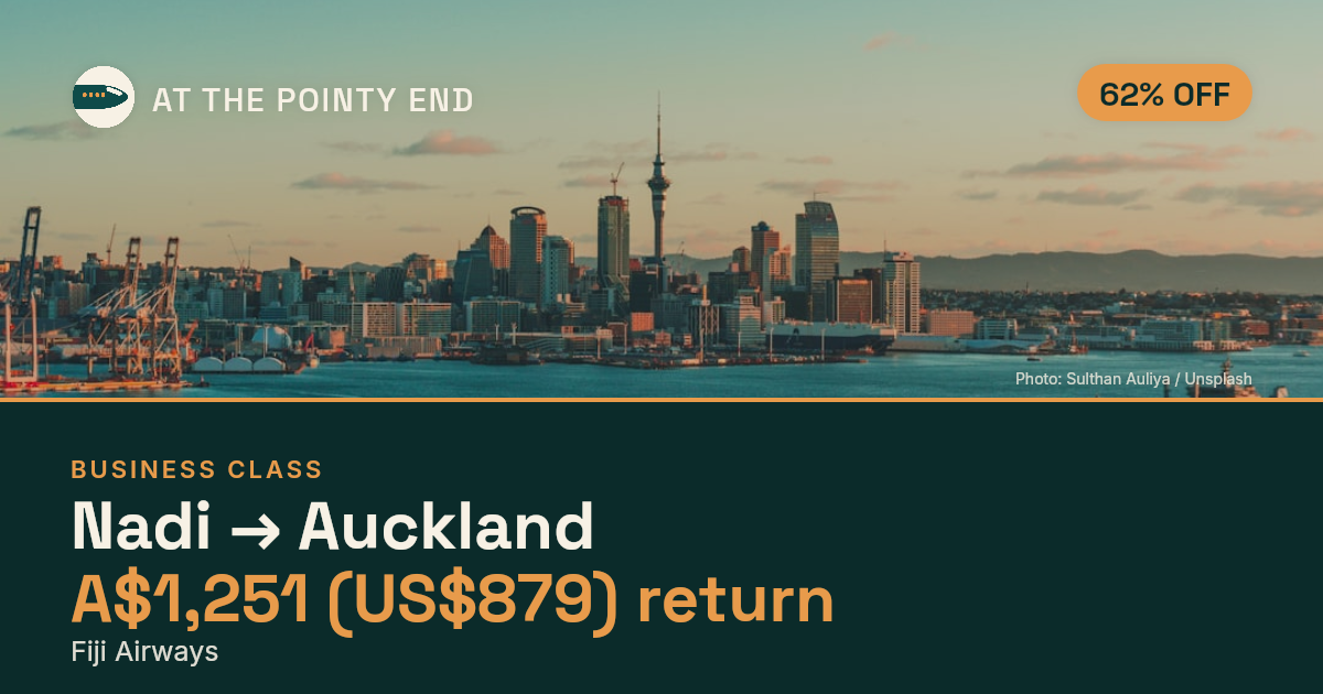 Business return to Auckland from US$879, about 62% off. Checked against live availability.