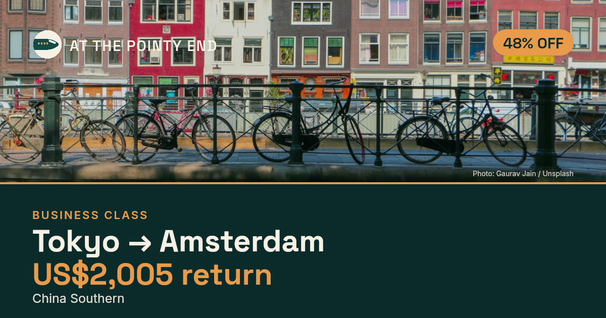 Business return to Amsterdam from US$2,005, about 48% off. Checked against live availability.