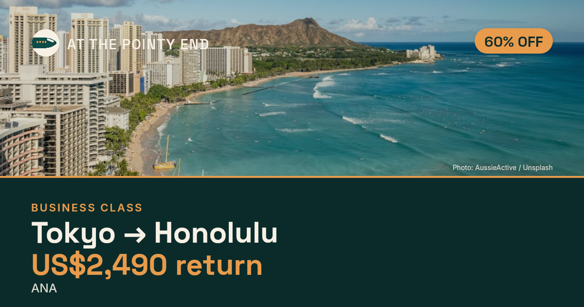 Business return to Honolulu from US$2,490, about 60% off. Checked against live availability.