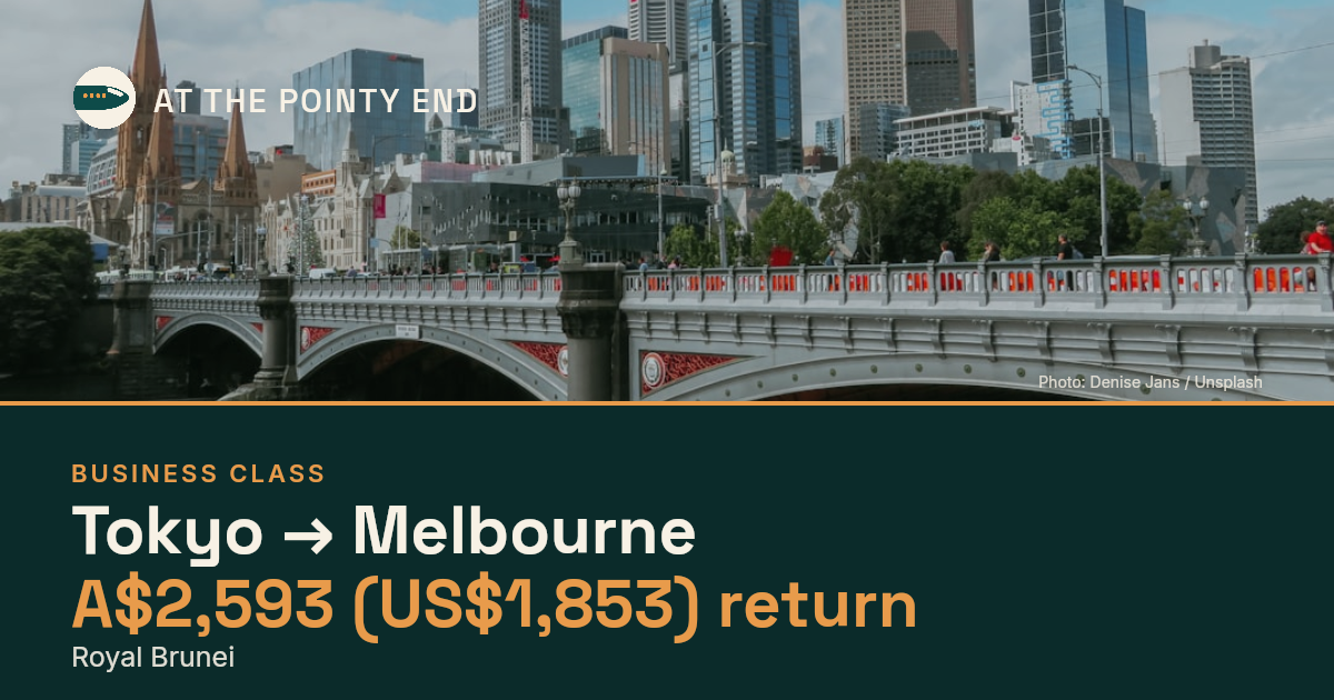 Business return to Melbourne from US$1,853, well below typical. Checked against live availability.