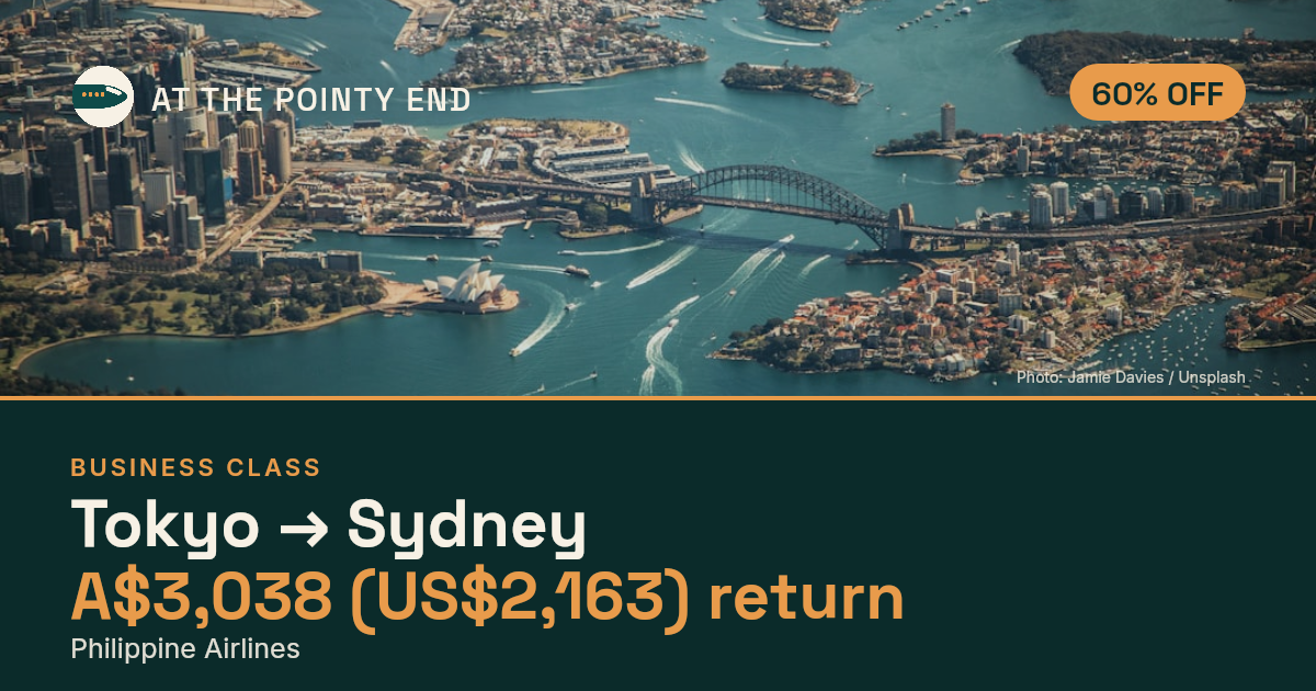 Business return to Sydney from US$2,163, about 60% off. Checked against live availability.