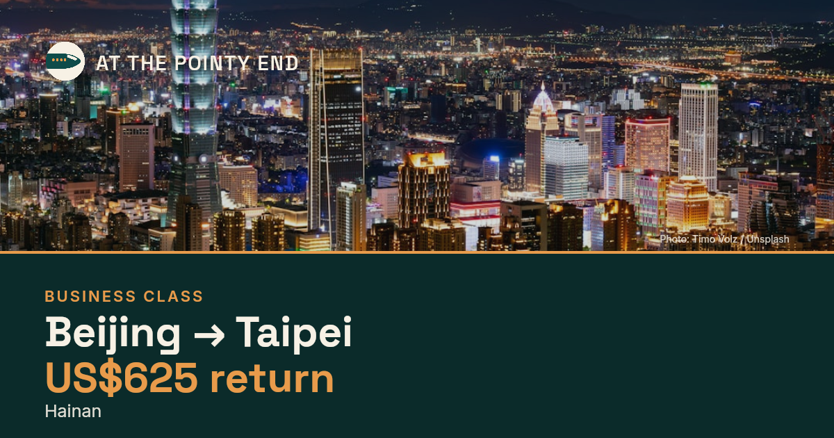 Business return to Taipei from US$625, well below typical. Checked against live availability.