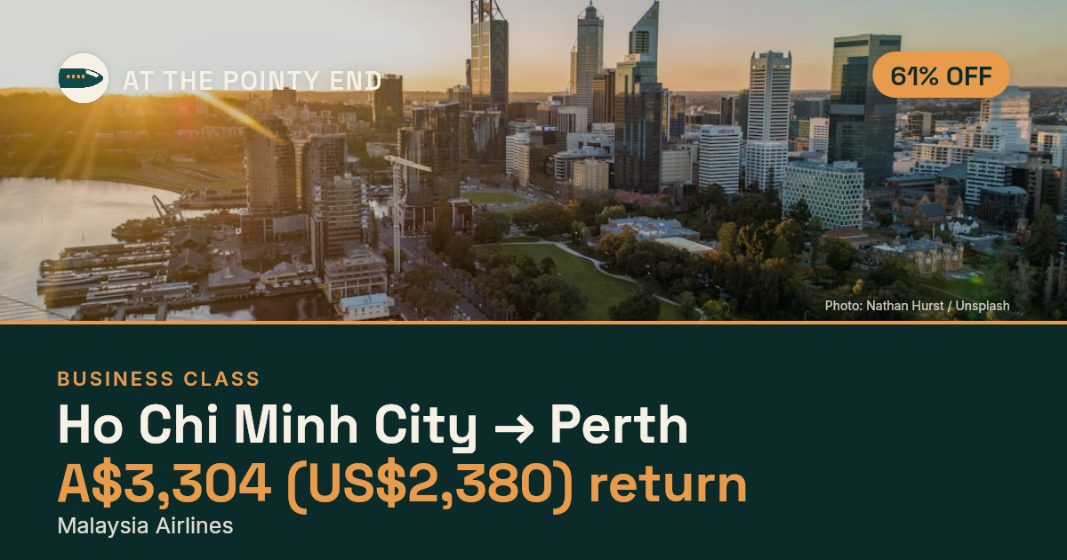 Business return to Perth from US$2,380, about 61% off. Checked against live availability.