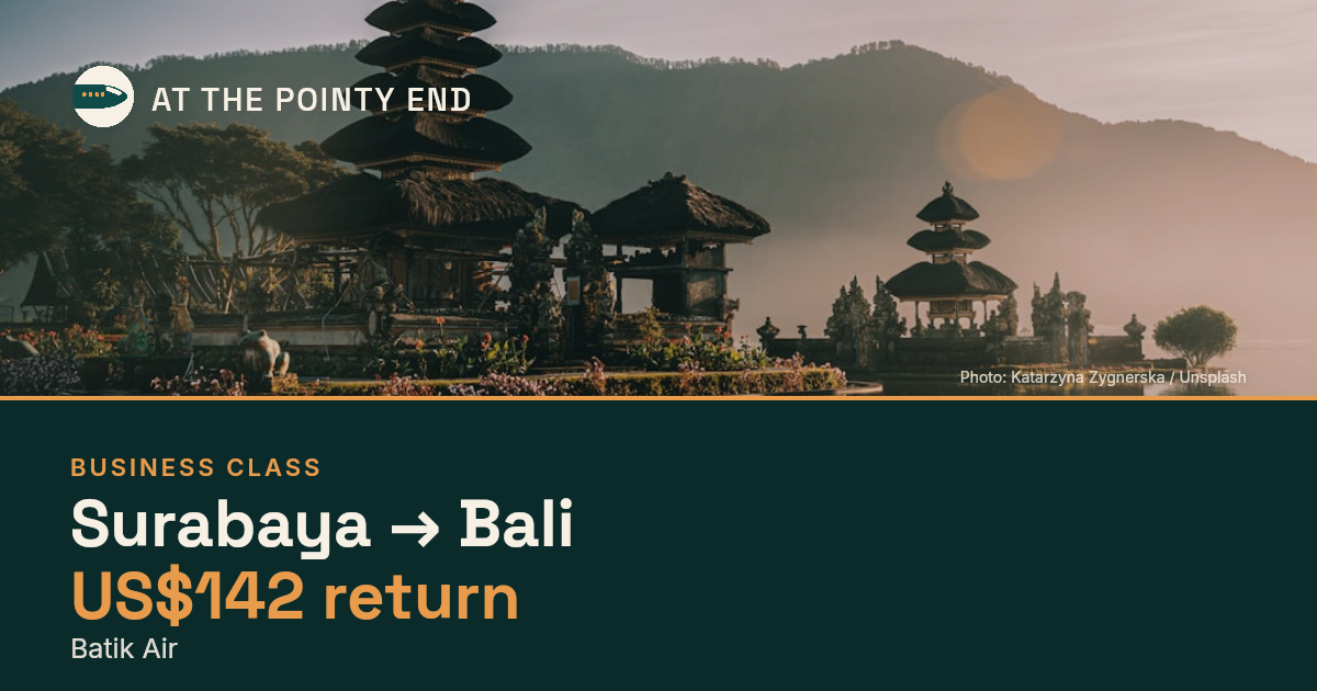 Business return to Bali from US$142, well below typical. Checked against live availability.
