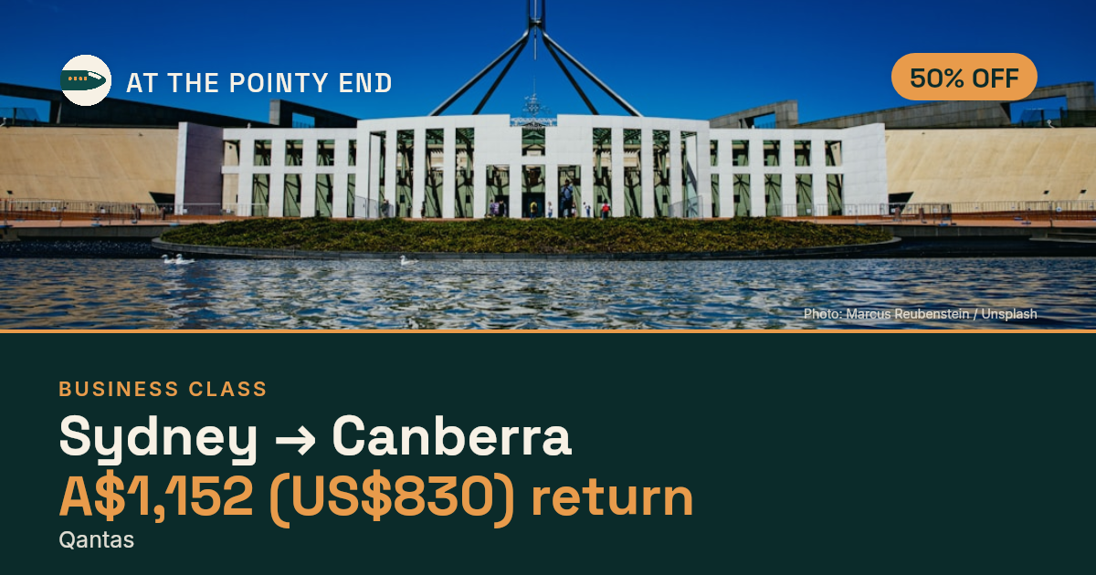 Business return to Canberra from US$830, about 50% off. Checked against live availability.