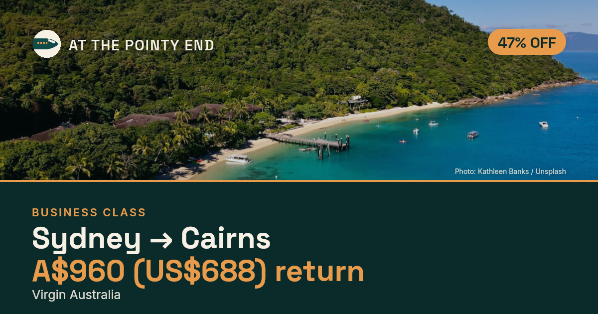 Business return to Cairns from US$688, about 47% off. Checked against live availability.