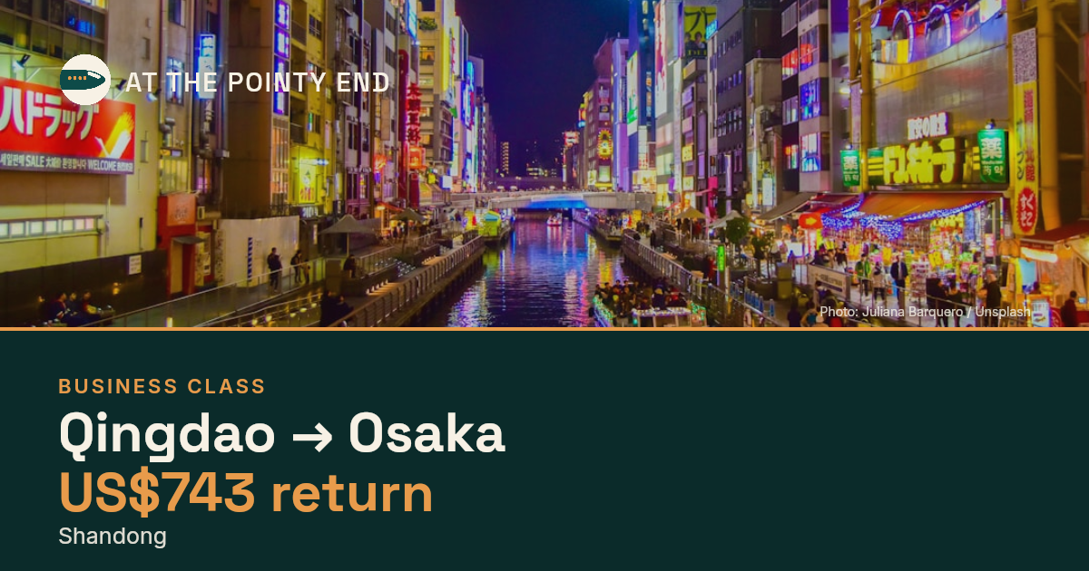 Business return to Osaka from US$743, well below typical. Checked against live availability.