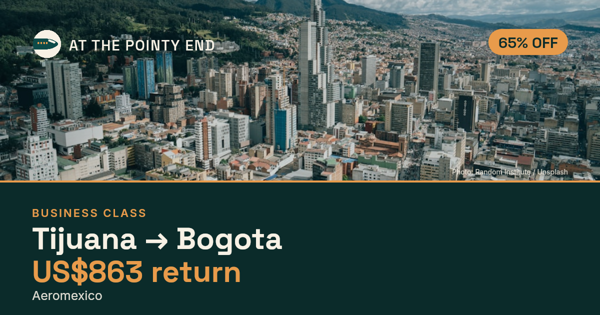 Business return to Bogota from US$863, about 65% off. Checked against live availability.
