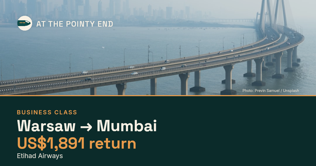 Business return to Mumbai from US$1,891, well below typical. Checked against live availability.