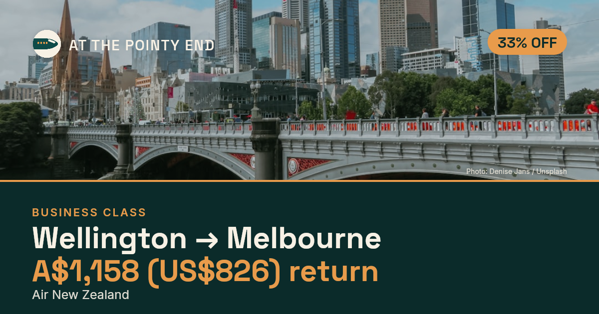 Business return to Melbourne from US$826, about 33% off. Checked against live availability.